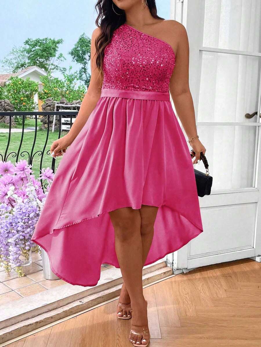 SHEIN Belle Sukienka Maxi z kontrastowymi cekinami i jednym ramieniem oraz niskim dołem