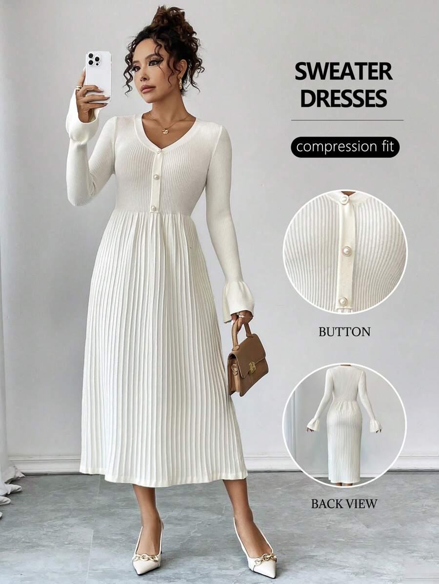 Calvaya Elegant Ruffled Long Sleeve Knitted Pleated Dress, Versatile Sweater Dress For Women