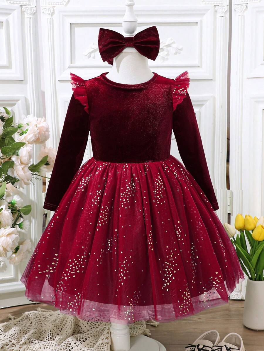 Glamorique Kids Robe de Noël et du Nouvel An pour jeunes filles, robe de luxe en velours vert avec un motif patchwork en filet de tulle élégant à manches courtes pour l'automne/hiver