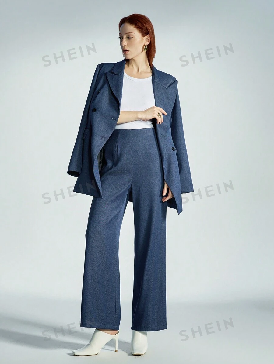 Aveloria Modichic Conjunto elegante de traje de oficina con blazer ajustado con efecto de lavado de mezclilla
