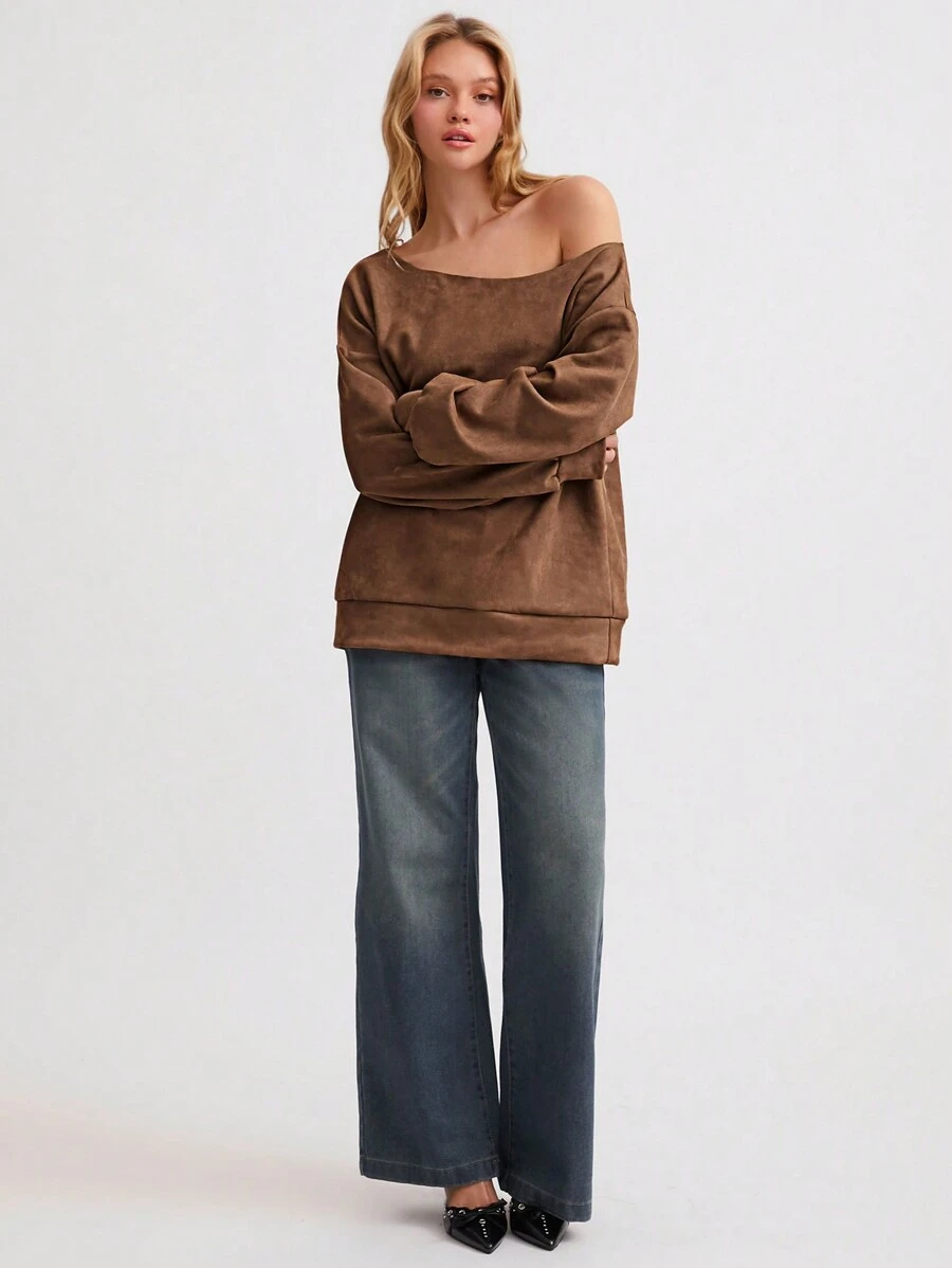 Flirla 1pc Women's Casual Versatile Classic Simple Comfortable Strapless Loose Suede-Like Long Sleeve Sweatshirt, Brown, Autumn/Winter
