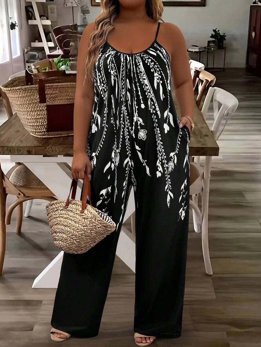 SHEIN LUNE Mono minimalista casual de talla grande para mujer con estampado de flor blanca sobre fondo negro de punto para el verano