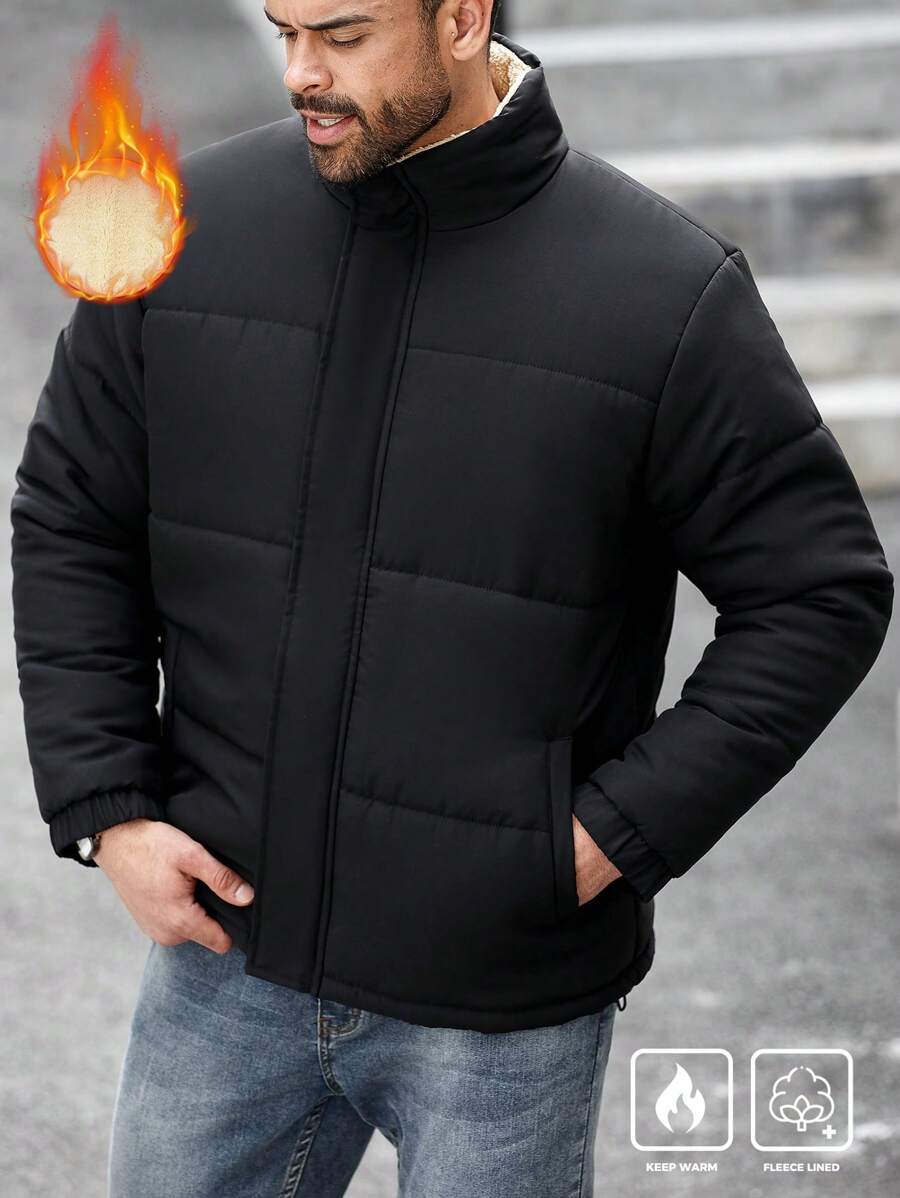 Manfinity Homme Men's Plus Size Solid Color Long Sleeve Casual Loose Padded Coat, Winter