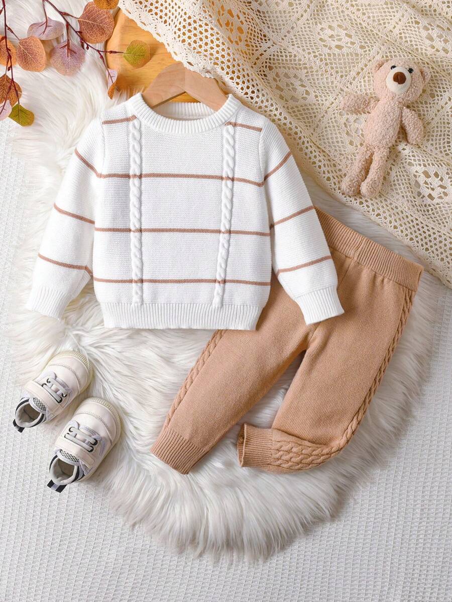 2 Peças Conjunto de Malha Listrado para Bebê Menino, Suéter de Gola Redonda de Manga Longa e Calça Casuais e da Moda, Macio e Versátil, Outono/Inverno
