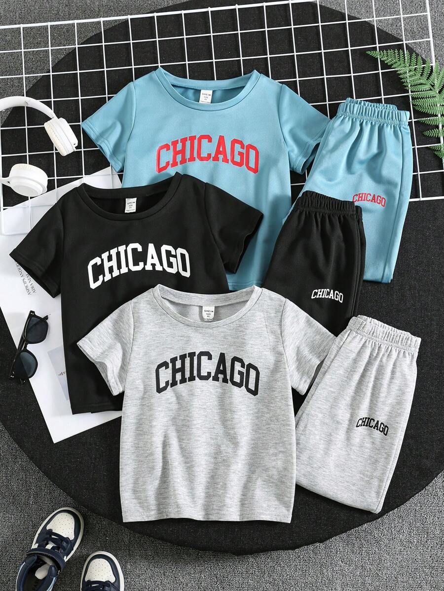 Conjunto de 6 piezas de ropa informal para niños pequeños con camiseta de cuello redondo con letras en inglés y pantalones cortos, apto para fiestas callejeras y en casa. Incluye chaqueta. Adecuado para niños en edad escolar, para usar a diario, para viajar, hacer deporte y en primavera, verano e invierno. Diseño de alto rendimiento.
