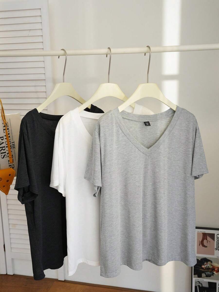 Comfortcana 3pcs Plus Size Casual V-Neck Swing T-Shirt, Spring/Summer