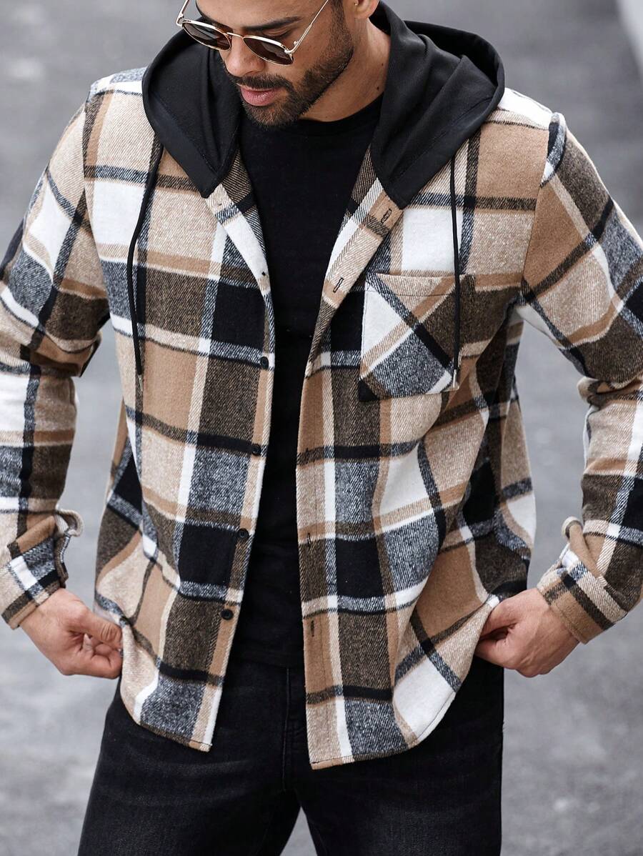 Manfinity CasualMax Plus Size Men's Casual Plaid Drawstring Hooded Shacket, Autumn/Winter