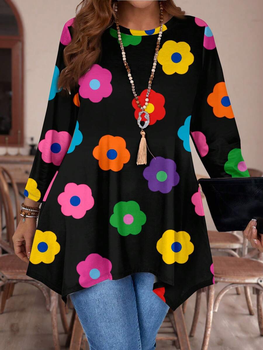 EMERY ROSE Casual Versatile Colorful Floral All-Over Print Plus Size Loose Long Sleeve T-Shirt