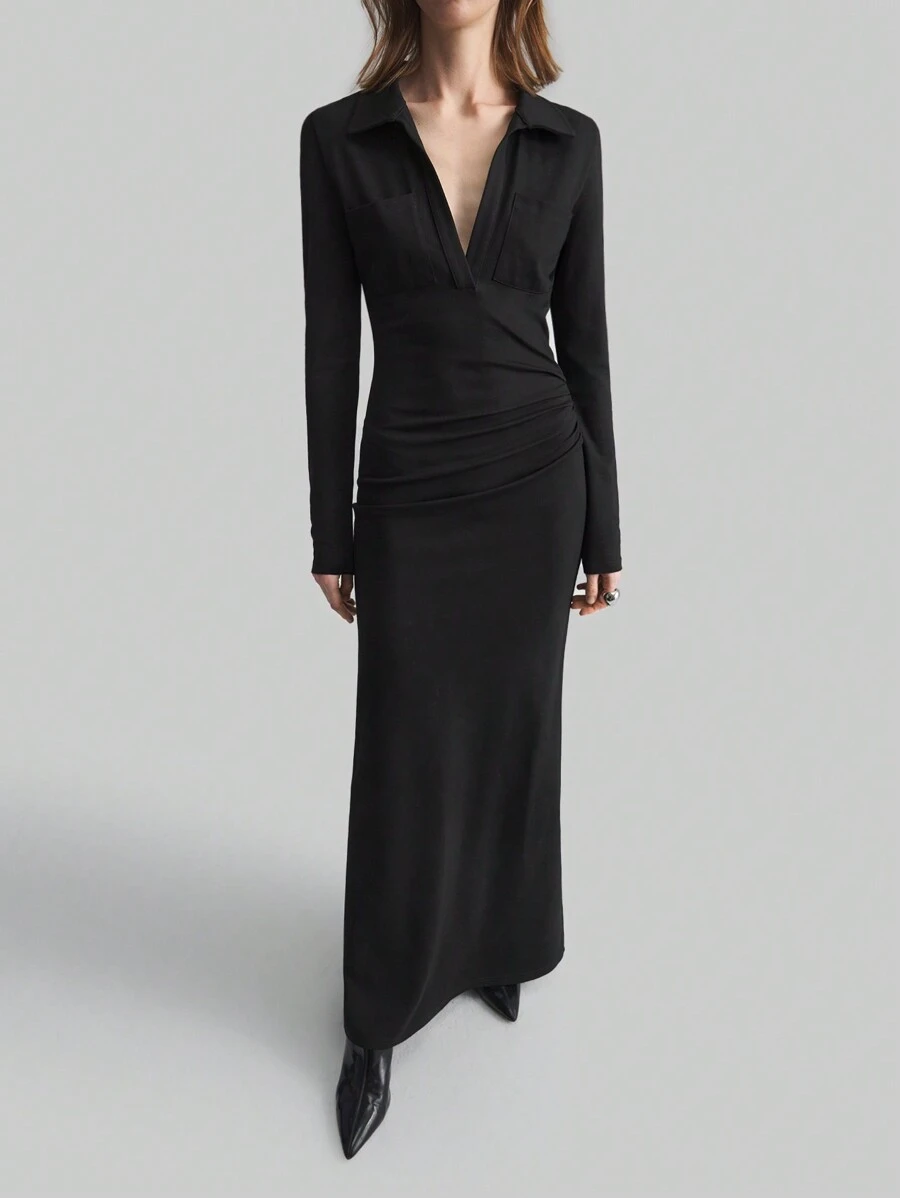 Ontre 2025 Spring Women's Apparel Valentine's Day Knit Dress, Collar Neckline Long Sleeve, Thick Knit Material, Simple And Elegant For Formal Event, Party Dress