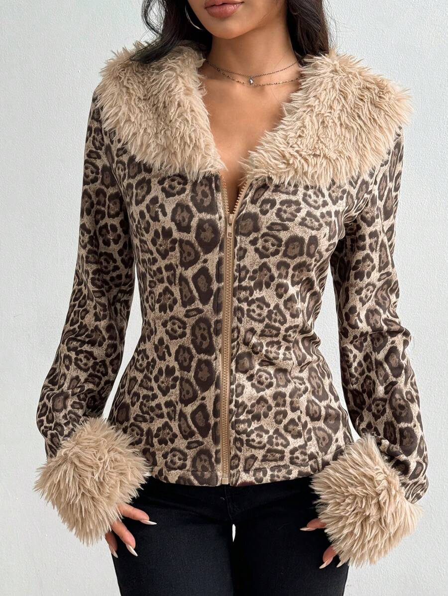 Flirla Chaqueta con cuello y puños de piel sintética con estampado de leopardo, de moda para el otoño