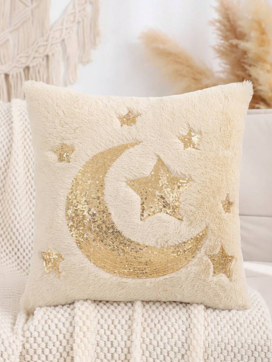 1pc Gold Sequin Cushion Cover, Ramadan Decoration Plush Embroidered Crescent Moon & Star