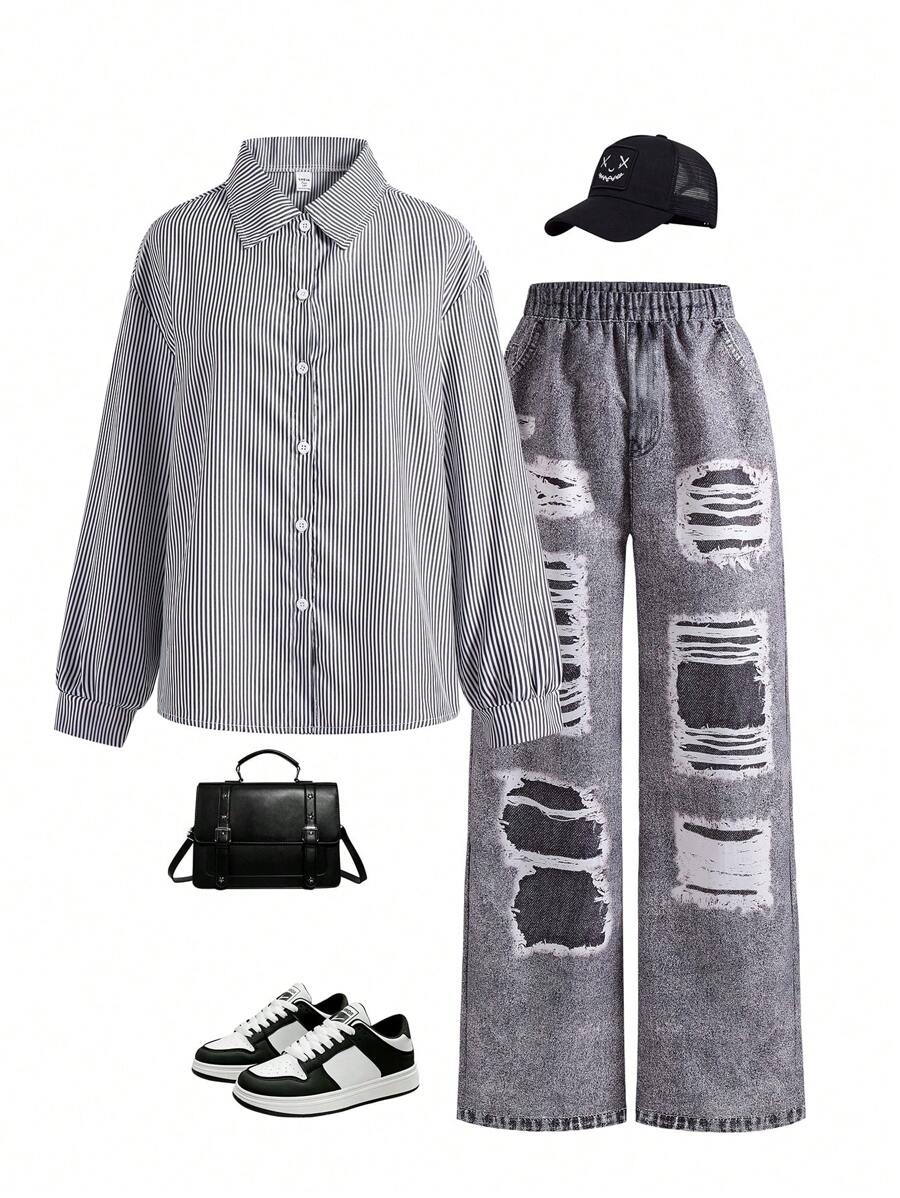 SHEIN Set de 2 piezas de estilo informal para niñas adolescentes: Camisa a rayas y pantalones estampados, para uso diario
