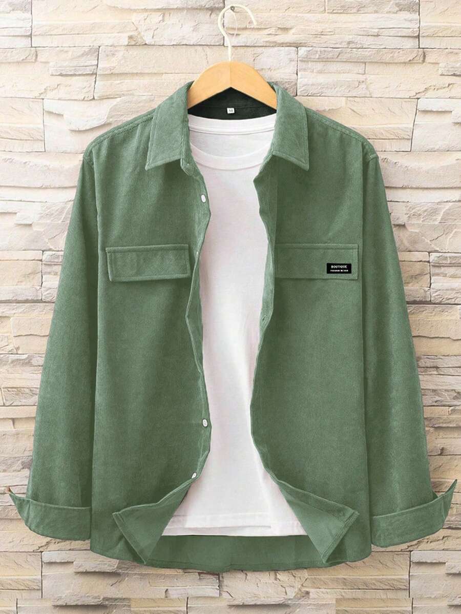 Manfinity Hypemode Men's Casual Solid Color Letter Printed Long Sleeve Shirt, Autumn