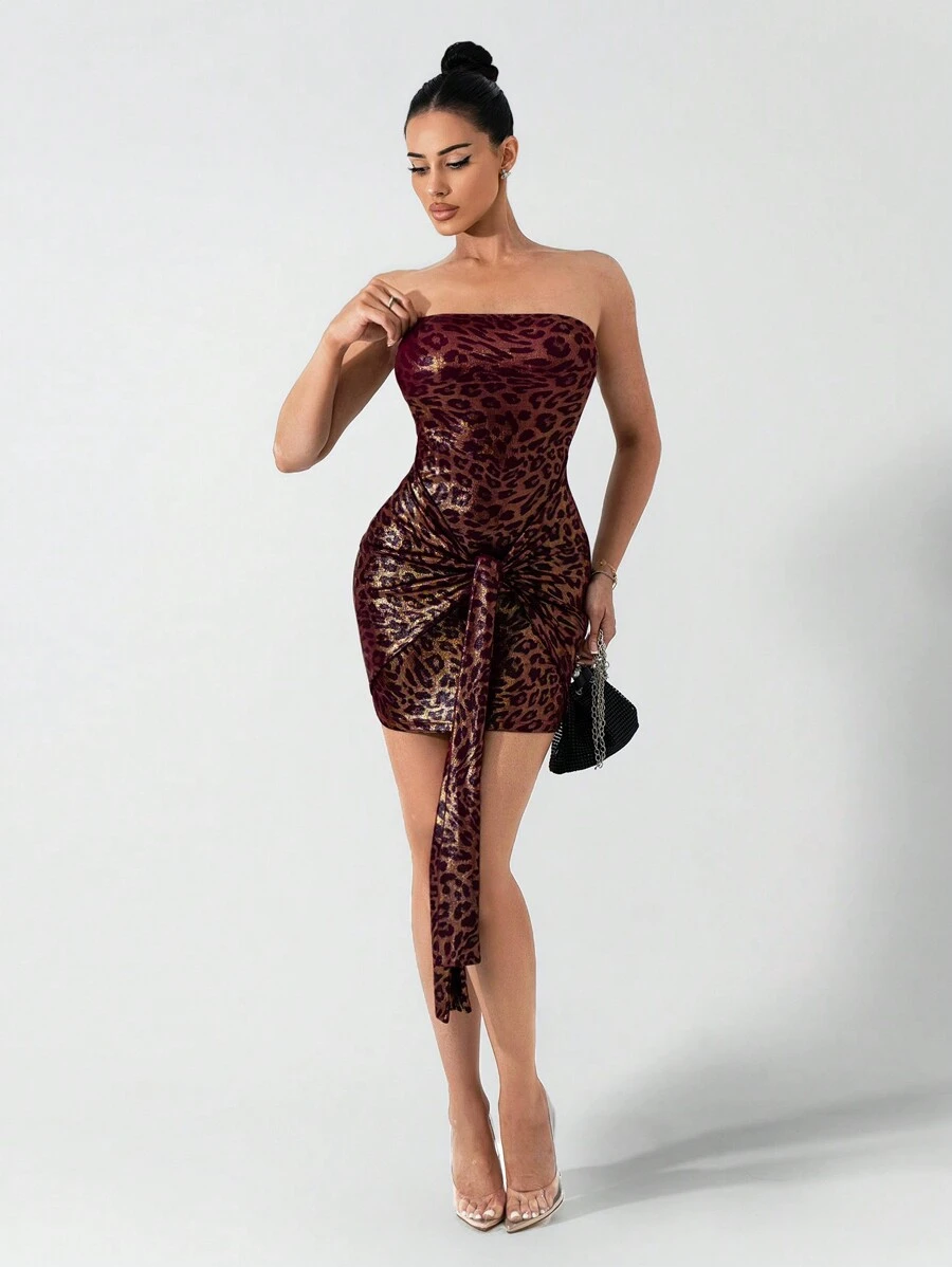 Zolique Women's Elegant Sexy Fashion Gold-Plated Fabric Leopard Print Strapless Mini Dress