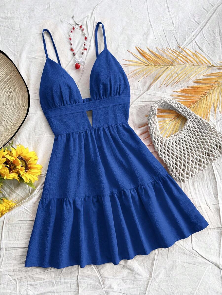 Soleia Vacation Casual V-Neck Backless Red Dress