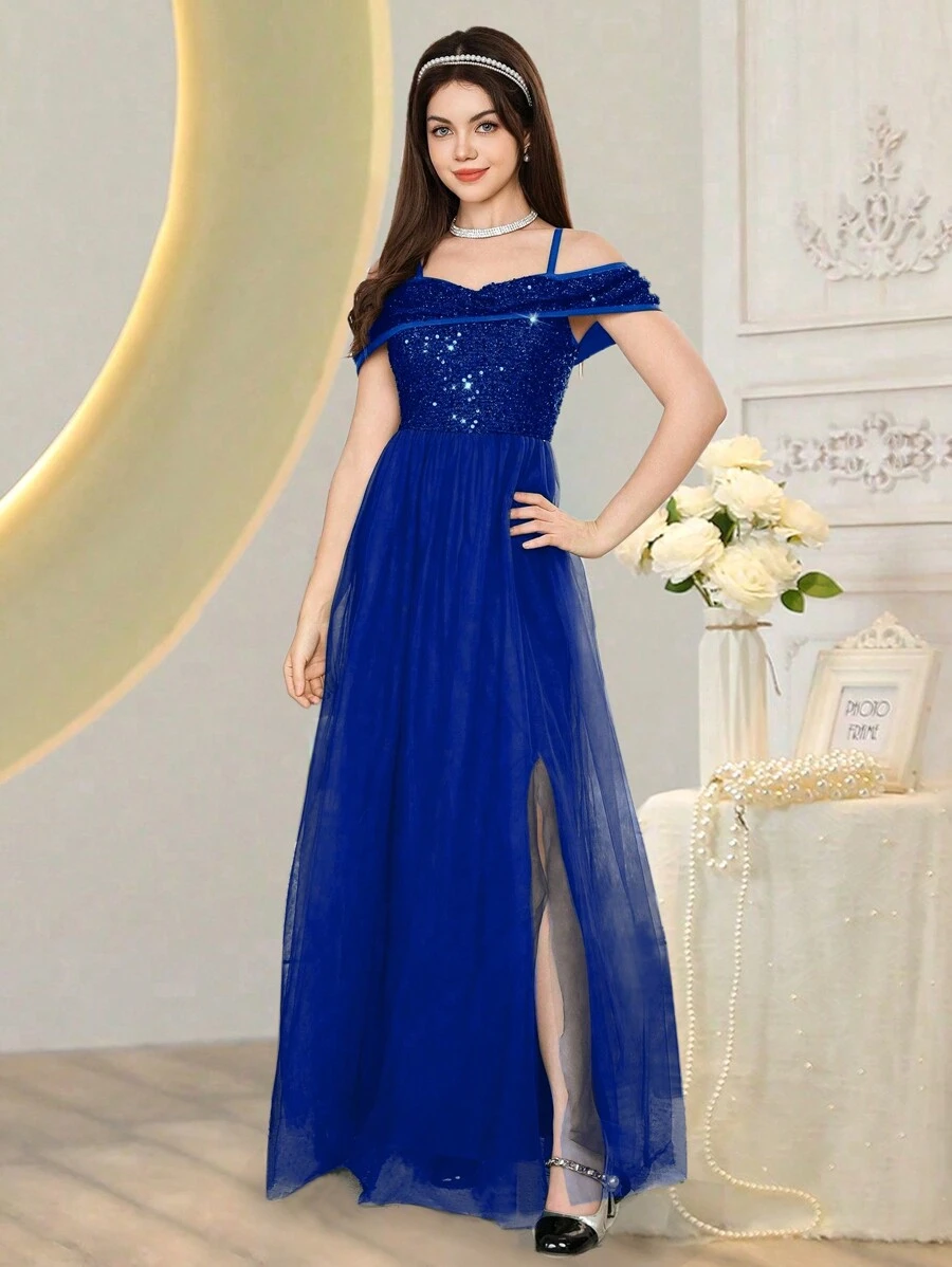 SHEIN Vestido con lentejuelas para dama de honor adolescente con hombros descubiertos y lazo, corte evasé con abertura, de alta gama adecuado para ocasiones formales, baile de graduación, boda, fiesta de cumpleaños, presentación