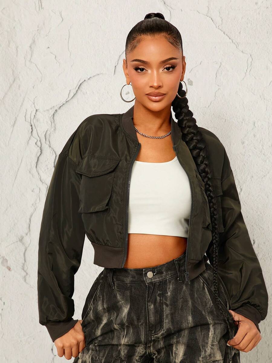 SHEIN SXY Veste utilitaire courte à revers et poches rabattables, de couleur unie, pour l'automne. Idéale pour les tenues d'automne, d'hiver, de Thanksgiving, du Nouvel An et de festival