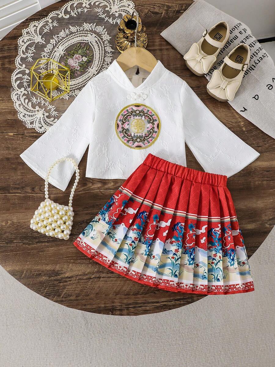 SHEIN 2 Sets Of Baby Girls 24/25 Gorgeous Blouse Embroidery Pattern + Pleated Red Skirt, Autumn And Winter Fashion Heavy Industry Hanfu