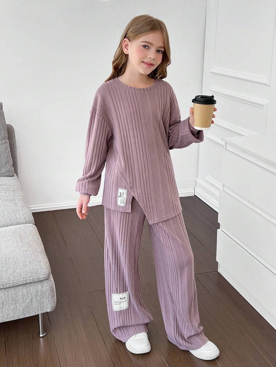 SHEIN 2 pezzi set da ragazza pre-adolescente composto da maglia girocollo ampia con costine e tinta unita, con applicazioni, e pantaloni abbinati con vita elastica, adatto per uso quotidiano, casual, scuola, colore rosa antico
