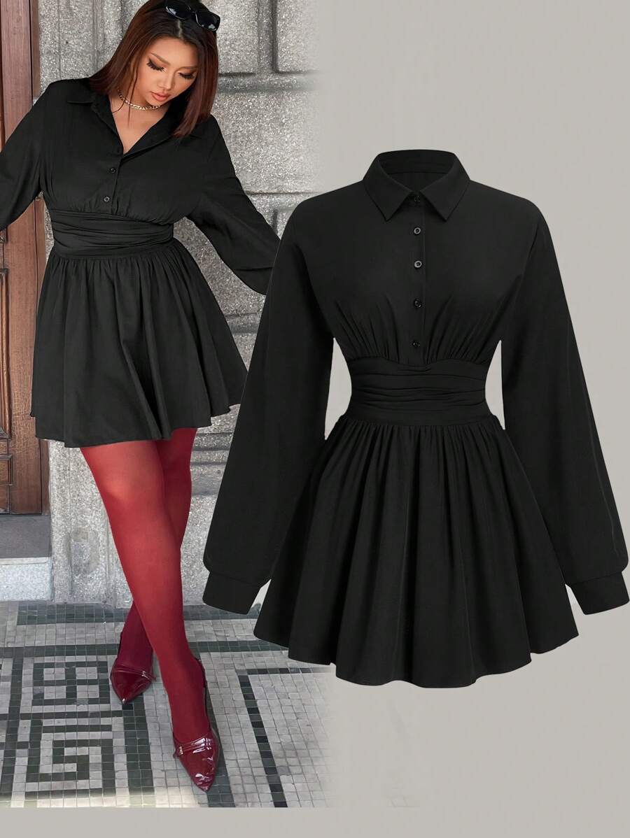 Calvaya Black Waisted & Spliced Short Dress