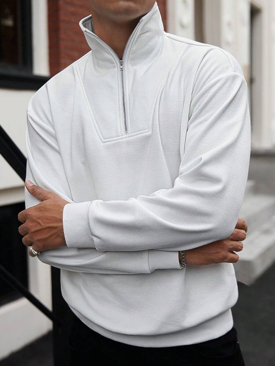 Manfinity Homme Men's Daily Versatile INS Half-Zip Stand-Up Collar High-Quality White Long-Sleeve Golf Polo Shirt. Quarter Zip ,Fall And Winter Men Polo Shirt