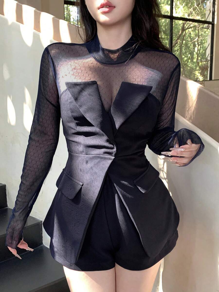 DAZY 2pcs Women's Fashion Outfit Set - Textured Mesh Splice Blouse & Shorts, Suitable For Party, Back To School Events,Short Women Sets