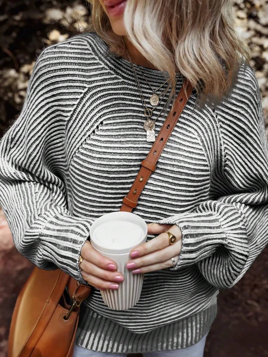 INAWLY Women Striped Crew Neck Pullover Sweater, Autumn/Spring Apparel