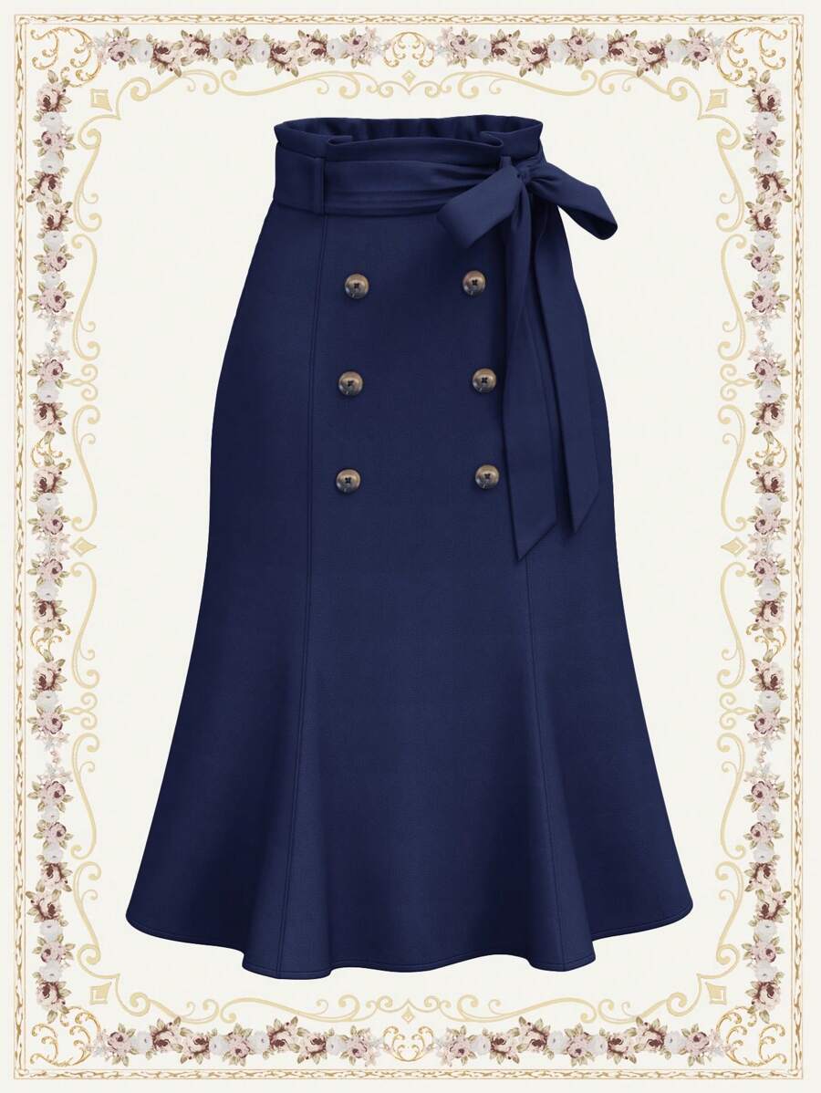 Vintamour Plus Size Vintage Elegant Women's Skirt Double-Breasted Bow Waist Belt Vacation/Commute/Casual Mermaid Skirt Back To School Clothes Office Wear Homecoming Skirt