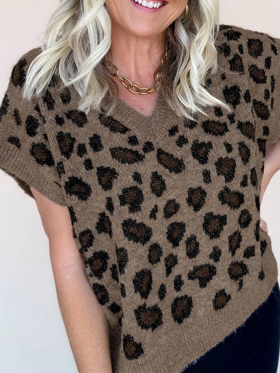 INAWLY Chaleco de mujer con cuello en V y detalle de estampado animal, mangas tipo murciélago