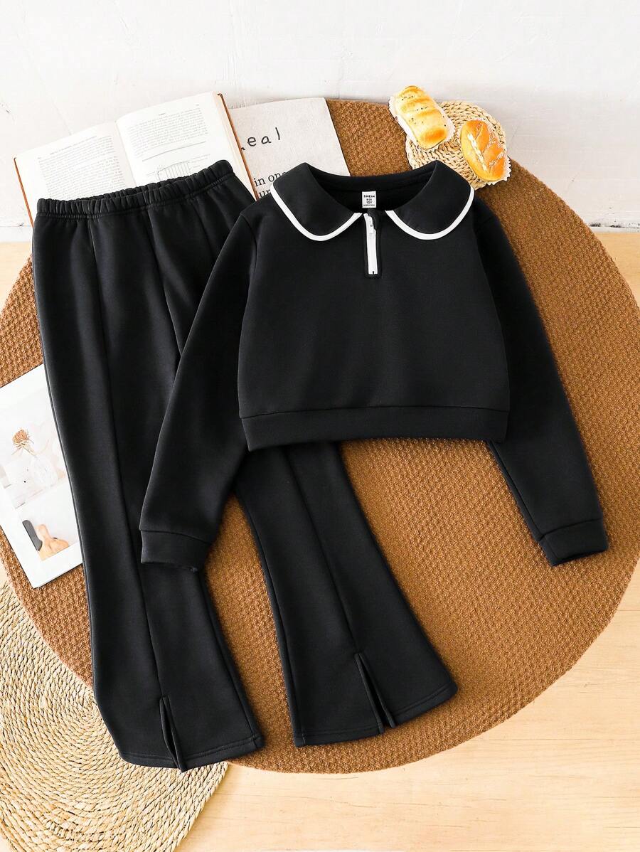SHEIN 2pcs/Set Tween Girl Apricot Lapel Half-Zip Sweatshirt And Flared Pants Casual Outfit
