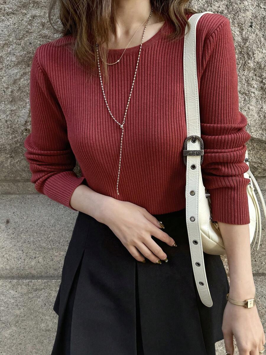 FRIFUL Women Solid Color Crew Neck Slim Fit Long Sleeve Sweater, Autumn/Winter