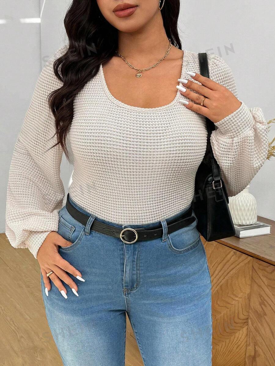SHEIN Frenchy Camiseta versátil de manga larga y cuello redondo, de uso casual y para todo tipo de combinaciones, para mujer de talla grande primaveral