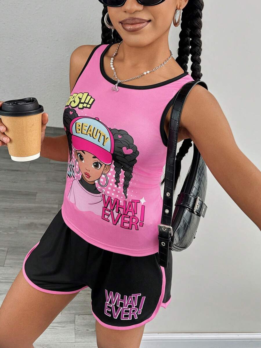 2pcs/Set Teen Girls Solid Color Patchwork Round Neck Sleeveless Graphic Print Top And Shorts Set