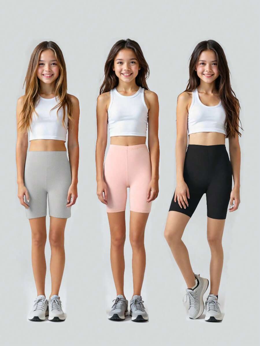 SHEIN 3 قطعة / مجموعة شورتات وسروال ضيق بألوان أساسية كاجوال للفتيات المراهقات، للربيع والصيف، تباع على حدة من الأعلى
