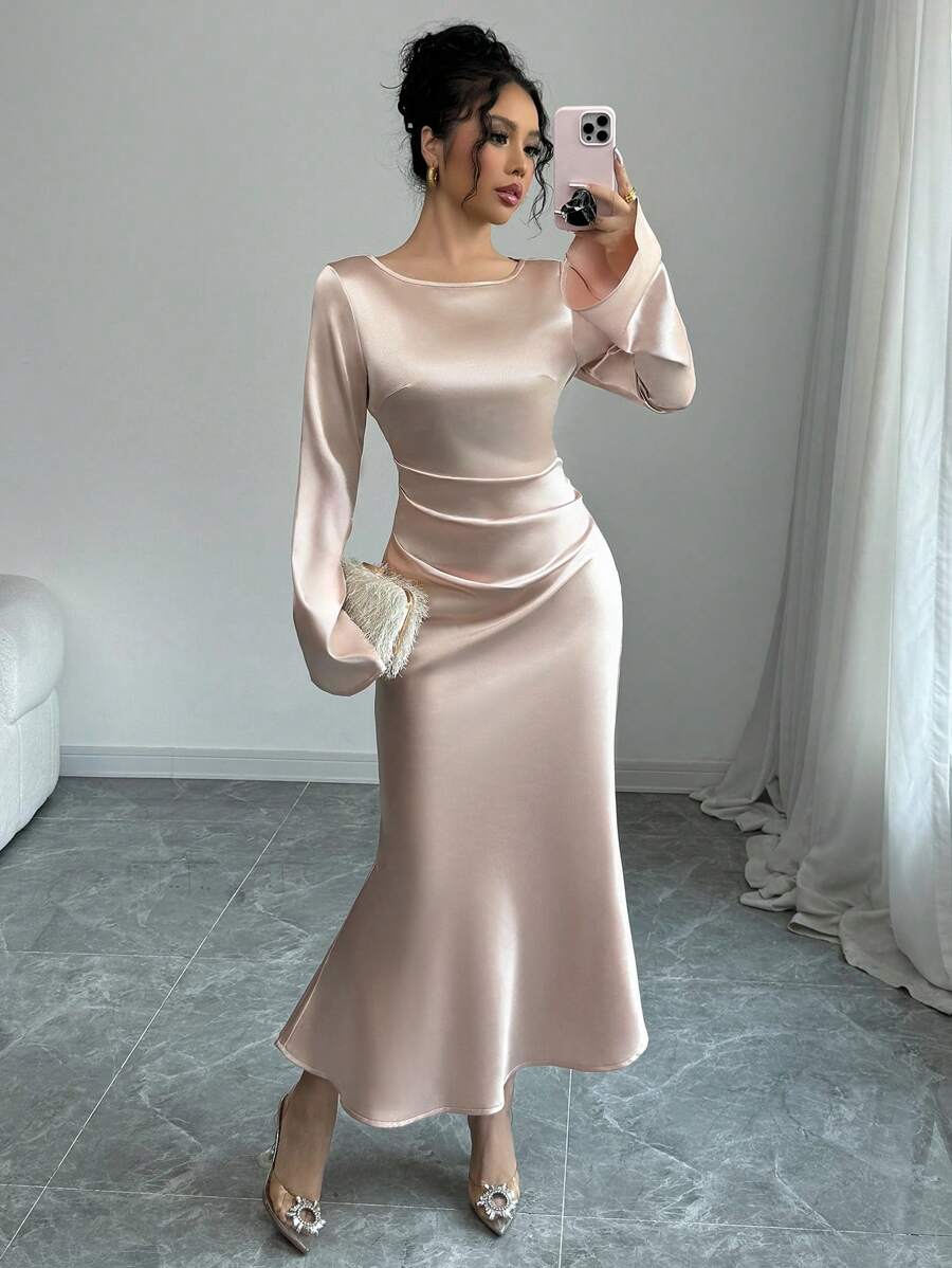 Elenzga Women's Solid Color Round Neck Long Sleeve Ruched Waist Maxi Elegant Dress