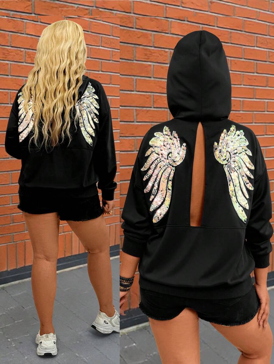 SHEIN LUNE Plus Size Autumn Fashionable Sequin Wing Graphic Hollow Back Hoodie Thanksgiving Outfit Women New Years