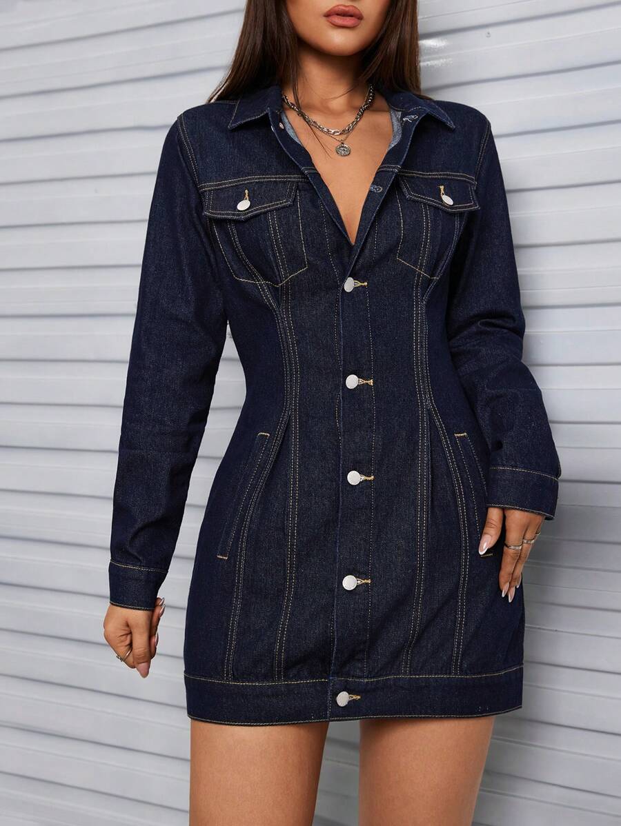 SHEIN Tall Women's Autumn Long Sleeve Single-Breasted Casual Denim Jacket
