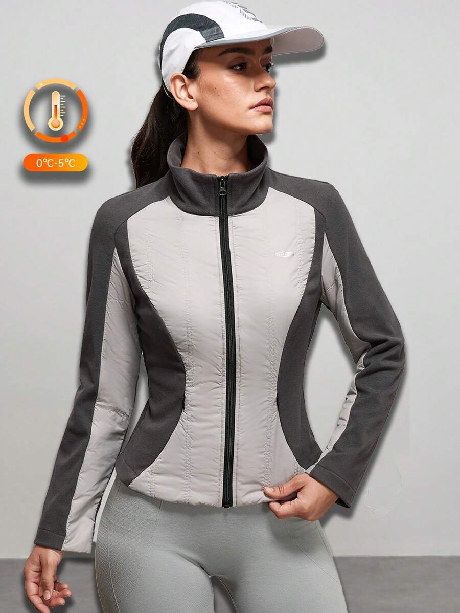 Exploreva Damen Kontrast-Farben Langarm Reißverschluss Stehkragen Sportsweatshirt Jacke