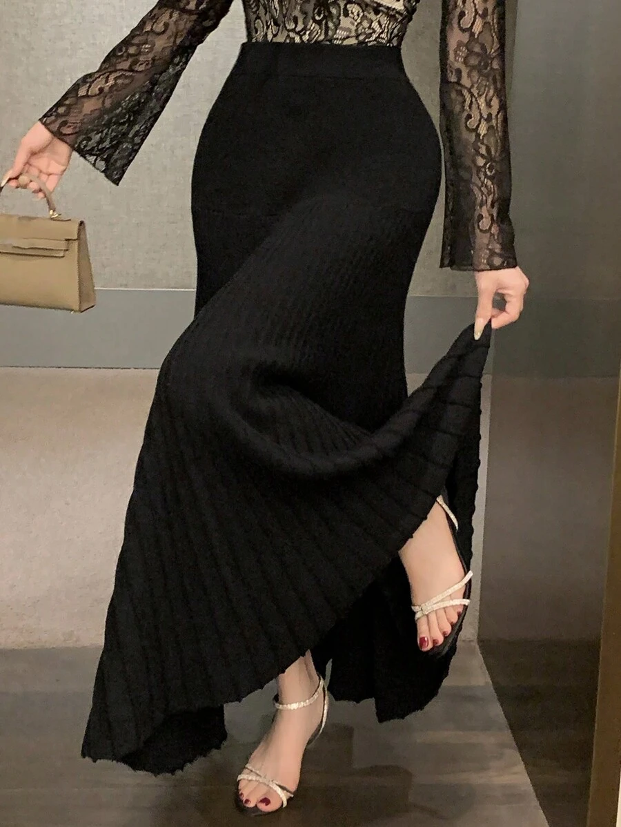 DAZY Women Solid Ribbed Knit Mermaid Hem Skirt, Elegant Sweater Dress For Autumn/Winter