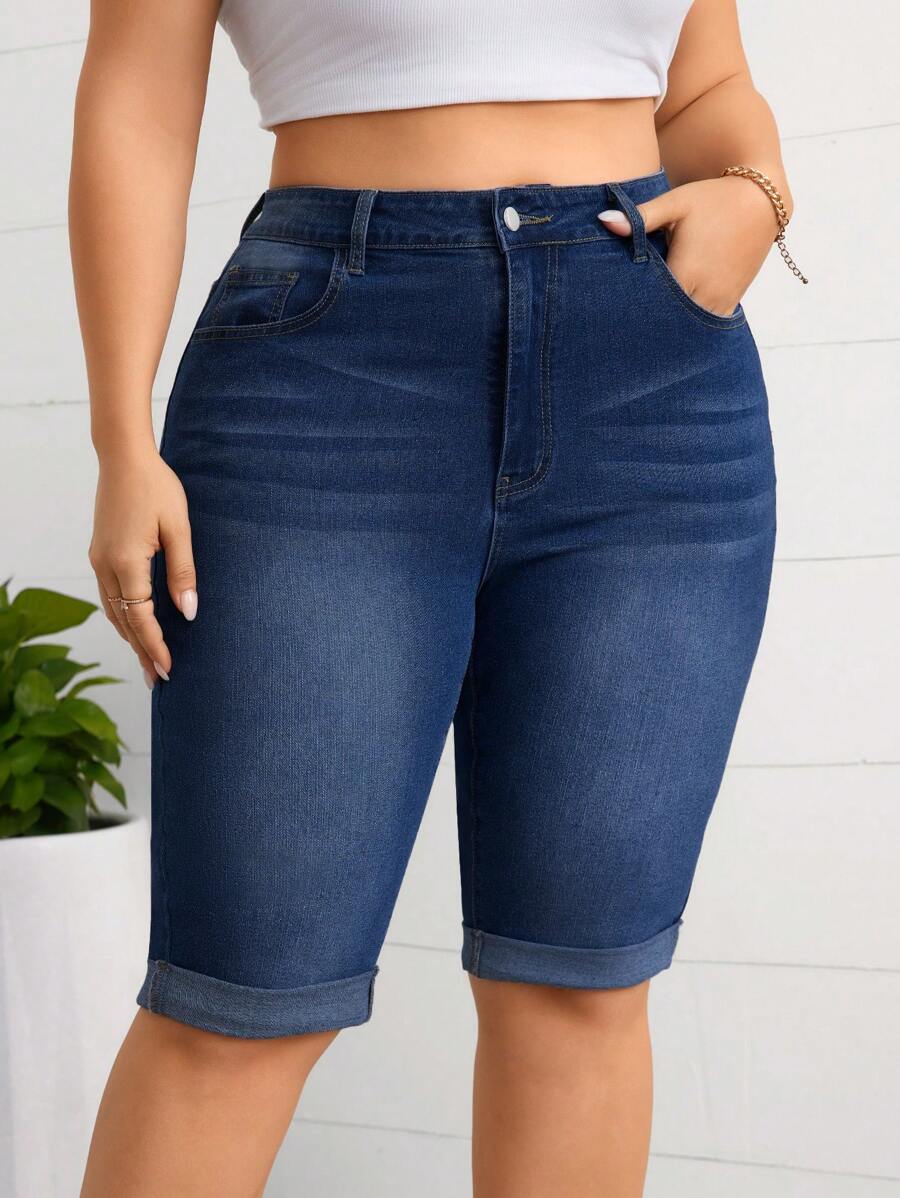 SHEIN Essnce Plus Size Relaxed-Fit Washed Distressed Denim Shorts