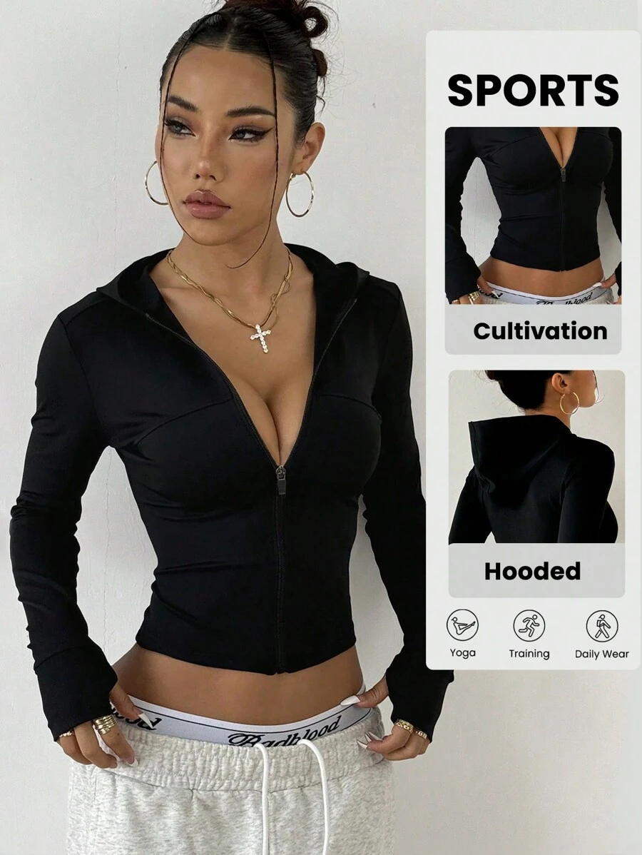 SHEIN Sport Studio Schlanksitzende Kapuzen-Reißverschluss Athletik Jacke, elegante dehnbare Sportbekleidung für Radfahren, Alltag, schlank machende hochwertige Outdoor-Aktivitäten, Yoga