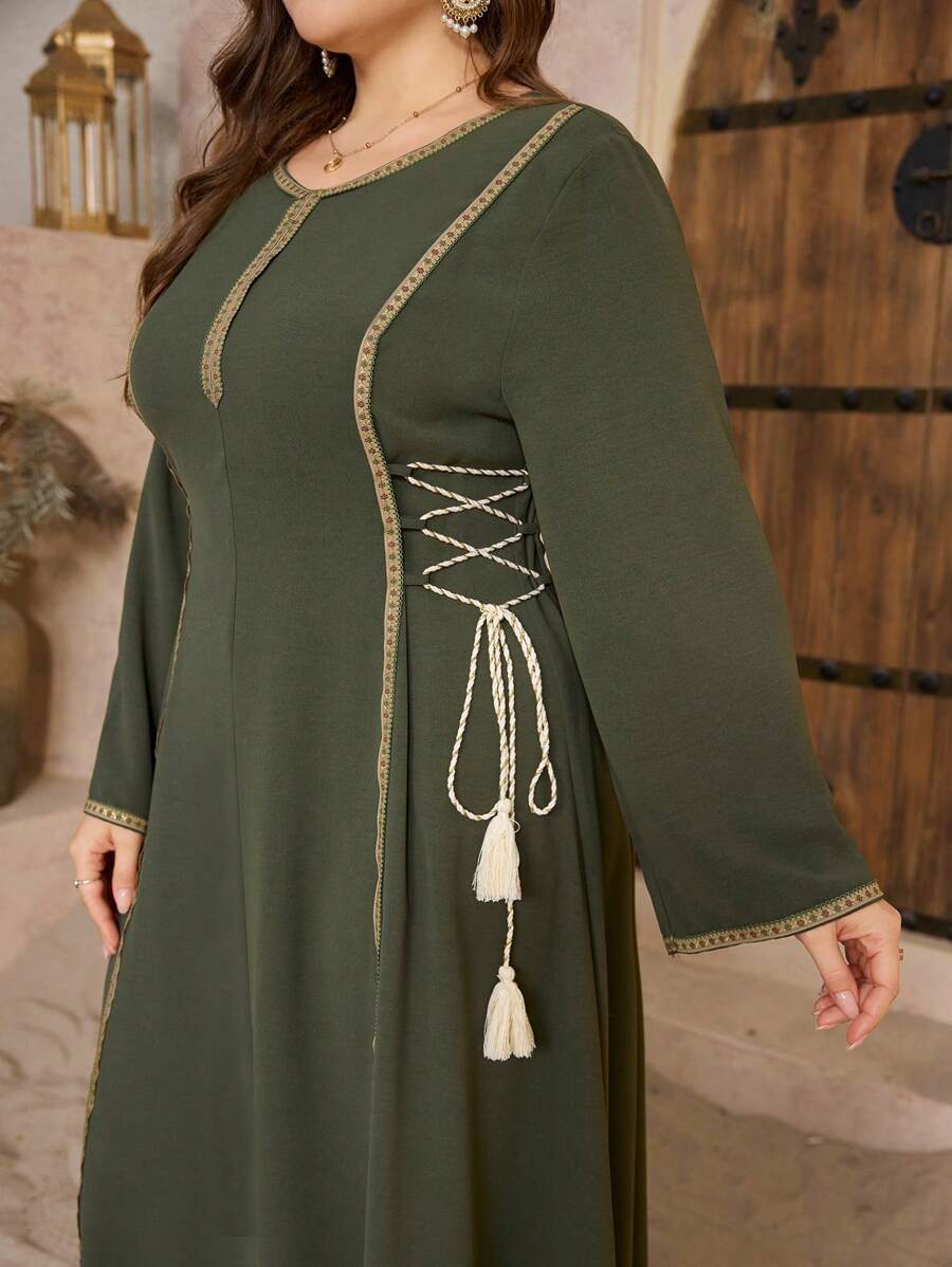 Al Najma Plus Size Women V-Neck Long Sleeve Split Tie-Up Tassel Waist Slim Elegant Arabian Dress, Plus Size Arabian Dresses,Modest