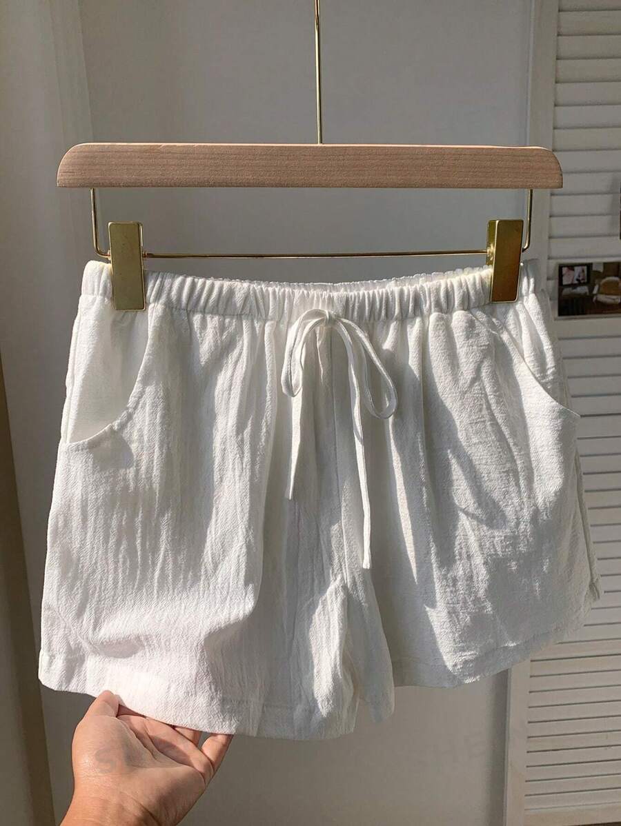 Comfortcana Pantaloni scurți casual largi pentru femei, culoare solidă, cu talie legată și buzunare, culoare largă