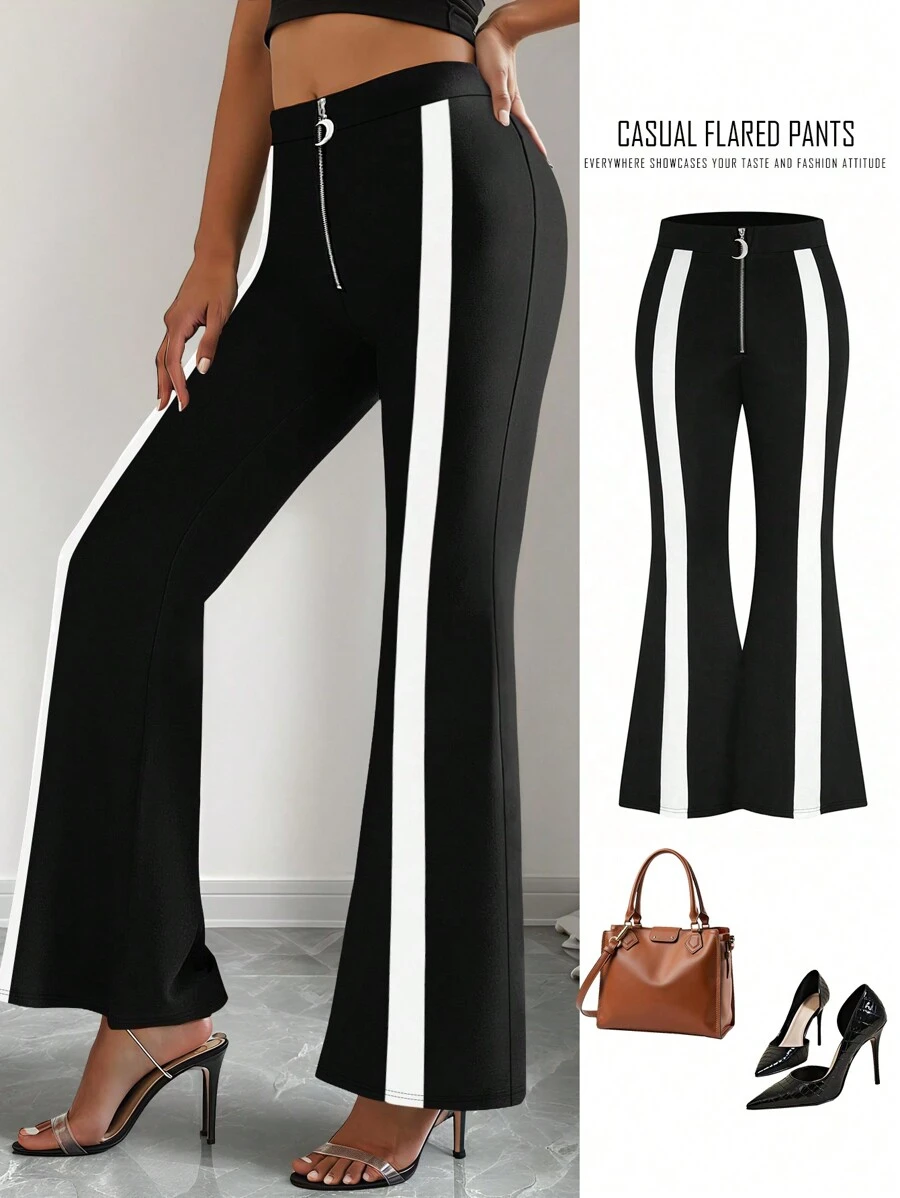 SHEIN LUNE Plus Size Vrouwen Contrasterende Kleur Blok Zip-Up Flare Broek