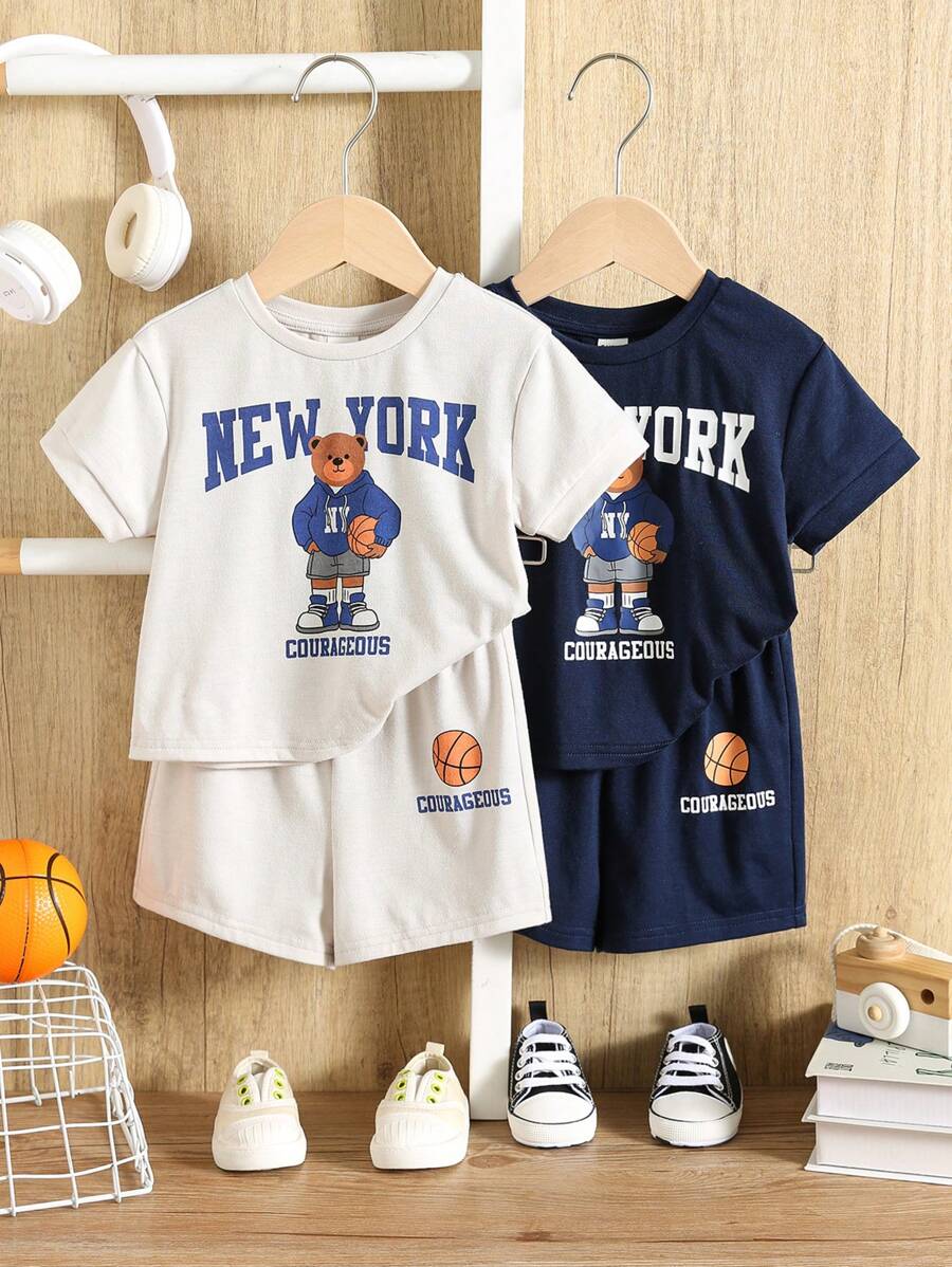 SHEIN Conjunto de 4 piezas para bebé niño/niña de verano con Top de manga raglán de cuello redondo con diseño de oso de peluche de dibujos animados y shorts de cintura elástica