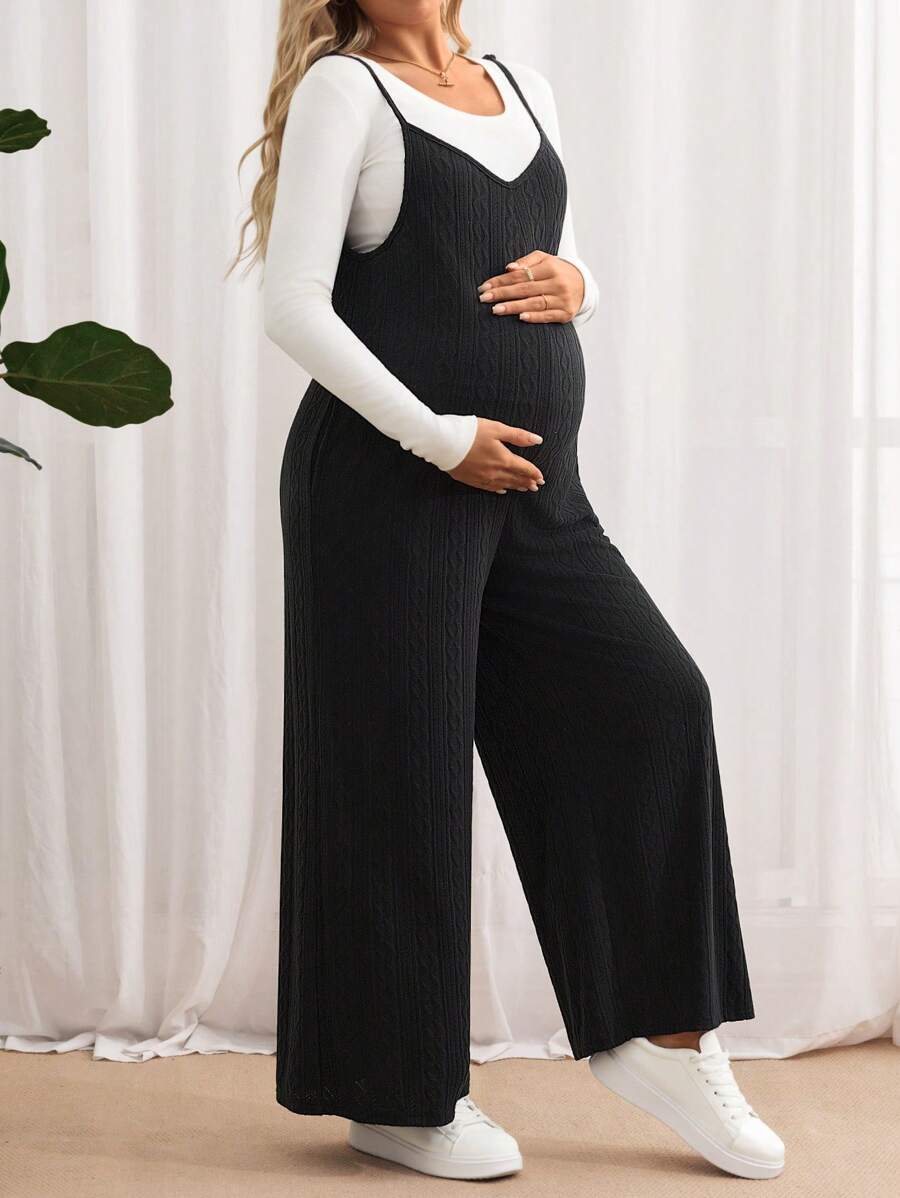 SHEIN Maternity Solid Color Ribbed Wide Leg Loose Casual Jumpsuit
