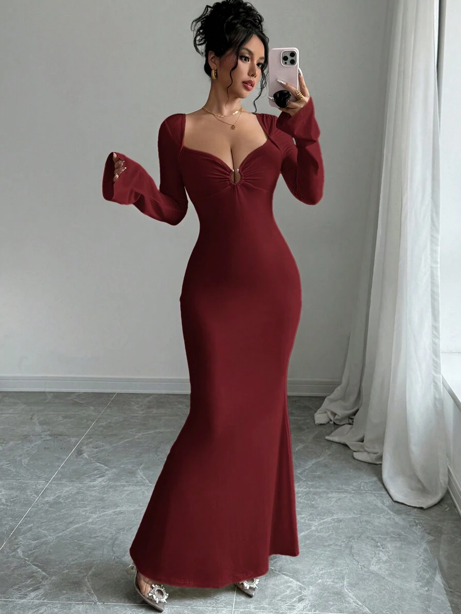 Firerie Women's Elegant Solid Color Decorative Button Long Dress
