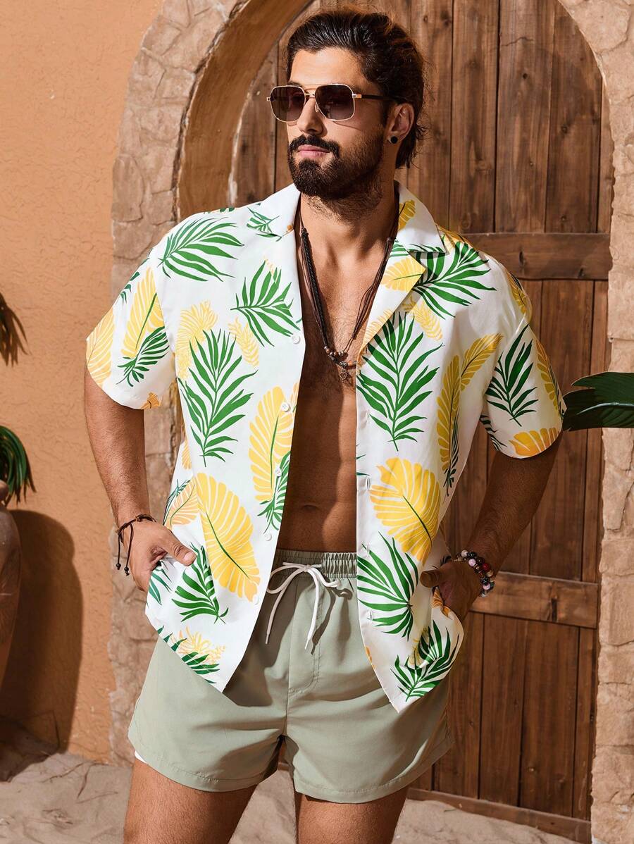 Manfinity VDAYZ Conjunto de playa para hombre con camisa de manga corta con estampado botánico y shorts de unicolor