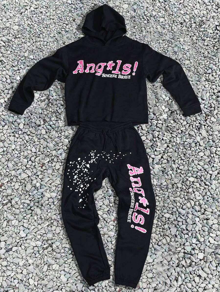 Manfinity EMRG 2pcs Men Autumn Letter Print Long Sleeve Hoodie Sweatshirt & Sweatpants Casual Suit