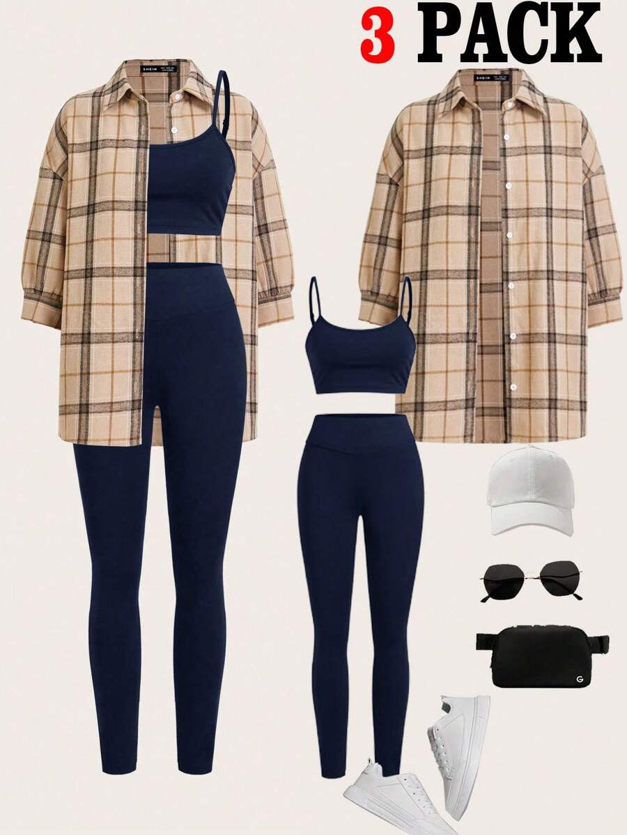 SHEIN Essnce Women's Casual Light Sports Summer Outfit, Sexy & Fashionable Outdoor Cycling Tennis Travel Top Top & Compression Trousers Pants & Plaid Shirt 3pcs/Set